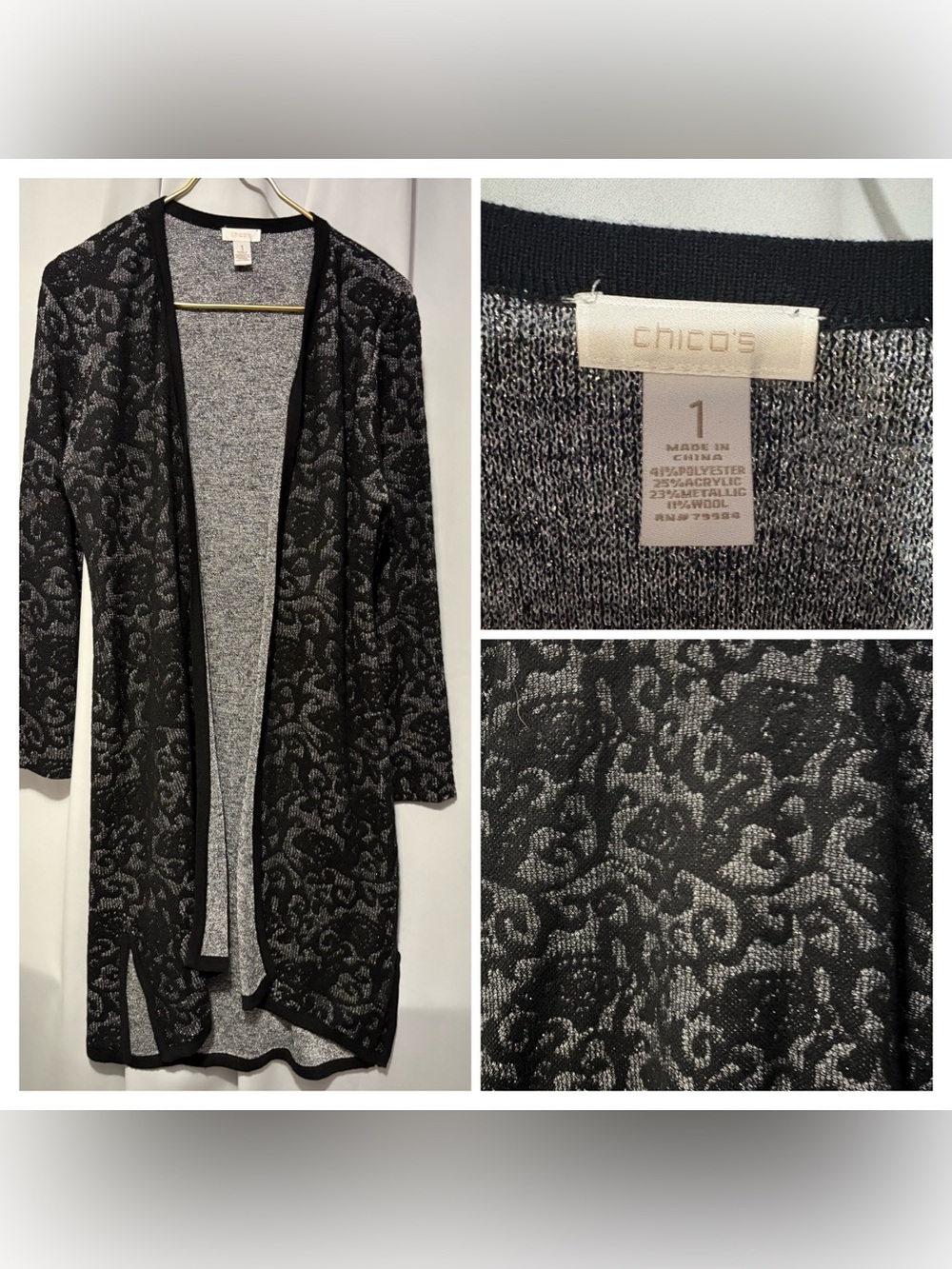 Chico's Black & Gray Metallic Open-Front Cardigan